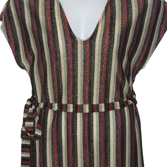 Zara Metallic Striped Belted Midi Dress V-Neck Size M - Picture 5 of 16